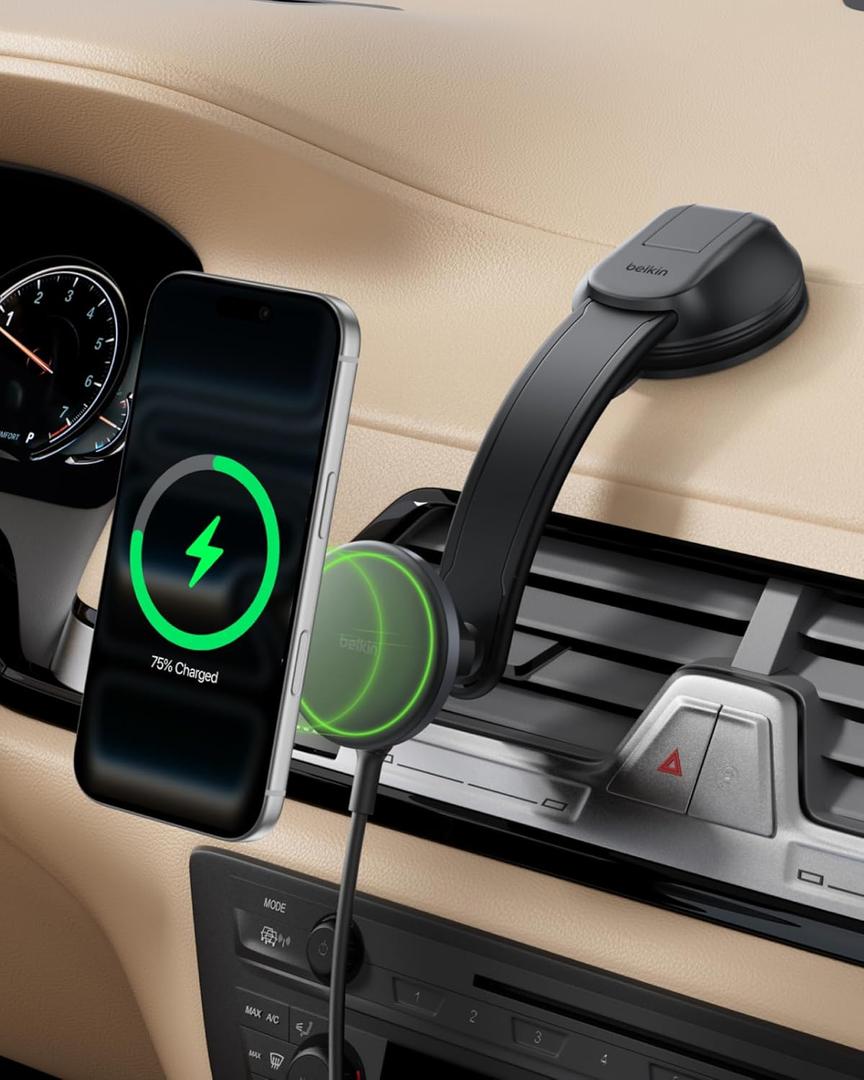 Belkin Wireless Car Charger, MagSafe Phone Holder & Car Dash Mount w/ 1M USB C Cable, Qi2 MagSafe Compatible Fast Charging iPhone Charger for iPhone 17, Galaxy S26, Pixel 10, Road Travelers, Black