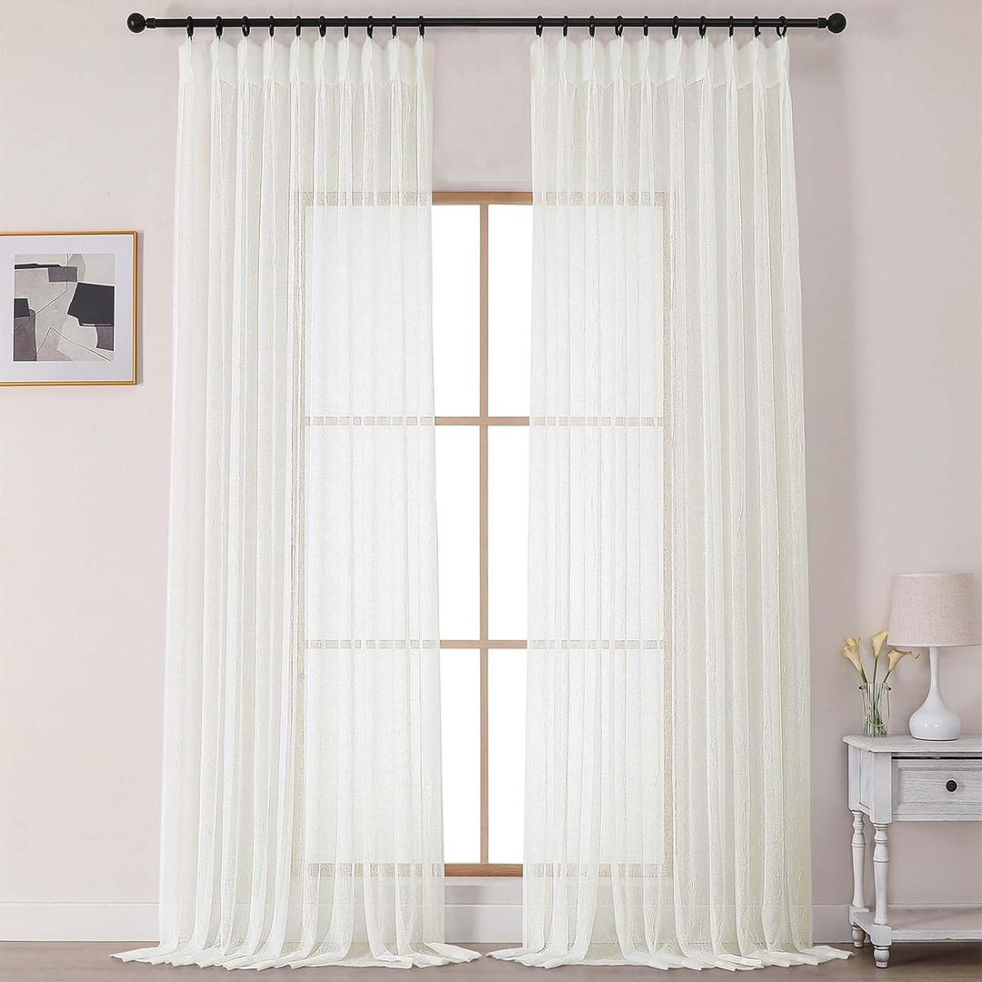 OVZME Ivory Sheer Curtains 96 Inches Long 2 Panels Set, Farmhouse Elegant Textured Pinch Pleated Curtain Panels Crinkled Voile Draperies Privacy with Light Filtering for Bedroom, 60Wx96L Inches