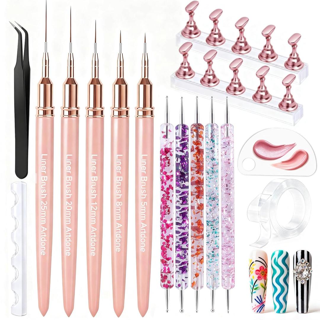 Artdone Nail Art Pens And Brushes Set With Liner Paint Dotting Tools, 11PCS Black Color Nail Tools For Long Lines, Thin Details, Fine Drawing For UV Gel Polish Design Sizes 5/8/12/20/25mm