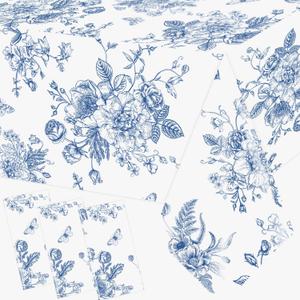 3Pcs Blue Floral Tablecloth, 52 x 87 Inch Vintage Flower Table Cover, Rectangle Floral Table Cover, Blue and White Porcelain Tablecloth for Spring Tea Wedding Shower Birthday Party