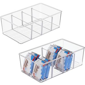 2 Pack Food Storage Organizer Bins, Clear Plastic Bins for Pantry, Kitchen, Fridge, Cabinet Organization and Storage, 4 Compartment Holder Packets, Snacks, Pouches, Spice Packets