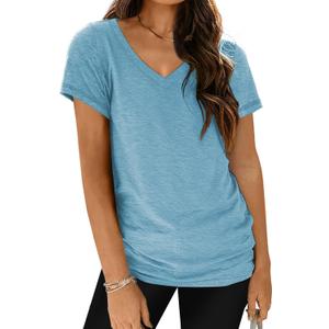 Gym Shirts Women Quick Dry V Neck Athletic Tops Gym Clothes Light Blue 2XL