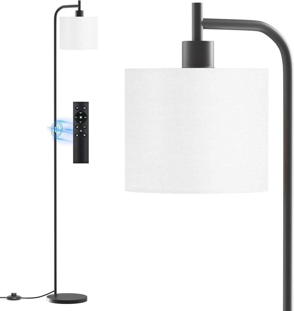 Floor Lamp with Linen Shade, Dimmable Tall Standing Lamp with Remote Control & 3 Color Temperatures, Modern Corner Floor Lamps for Living Room Bedroom Office, 9W LED Bulb Included (White)