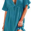 AI'MAGE Swimsuit Cover Ups Women's Bathing Suit V Neck Ruffle Sleeve Soft Coverups Dress (Peacock Blue, Small)