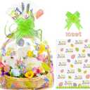 WeDoSoy 10 Pcs Easter Basket Bags, 22x32 Inch Large Cellophane Bags with 10 Pcs Pull Bow - Cello Basket Bag Easter Egg Pattern Wrap Bag, Cellophane Wrapping for Gift Packaging Party Decorations