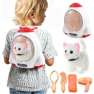 WorWoder Electronic Interactive Plush Cat- Battery Operated Mechanical Walking Little Pet Kitten with a Cute Bag, Meow Tail Wagging, Stretching Companion Animal for Toddlers & Kids