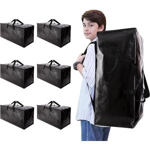 Heavy Duty Moving Bags with Backpack Straps and Strong Handles, Alternative to Moving Boxes and Storage Totes for Dorm Room Essentials, 6 Pack, Black
