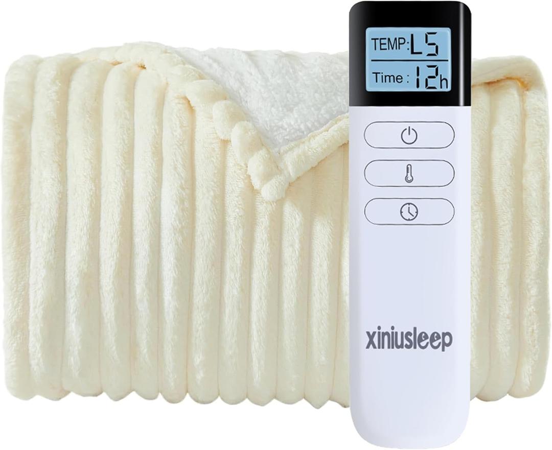 Heated Blanket Electric Blanket 62"x84", Soft Flannel Sherpa Electric Throw with 5 Heating Level & 12 Times Setting, Heated Throw with Overheating Protection, Machine Washable (Beige)