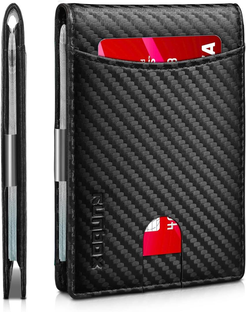 RUNBOX Slim Money Clip Wallets for Men RFID Blocking 11 Card Holder Minimalist Small Leather Bifold Men's Front Pocket Wallet Gift Box (Carbon Black)