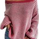 Women's Oversized Striped Sweater Casual Off The Shoulder Sweater Fall Long Sleeve Loose Knit Pullover Jumper Tops (Red)