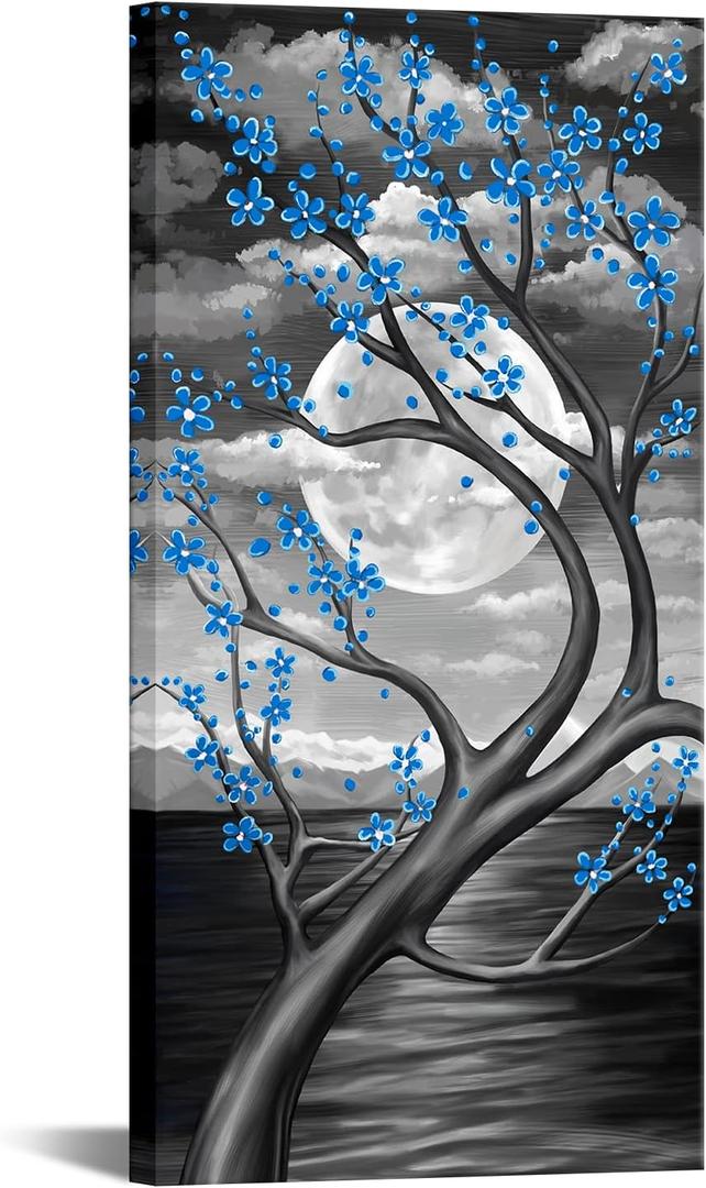 KREATIVE ARTS Blue Flower Tree Wall Art for Bedroom Cherry Blossom Tree in Full Moon Night Landscape Canvas Prints Artwork for Home Wall Decoration Ready to Hang Vertical 20x40inch (Blue)