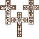 Yookeer 3 Pcs Wooden Wall Hanging Cross Handmade Antique Cross Hanging Decor Religious Brown Wooden Home Decorations Hand Carved Wall Decor for Living Room Nursery Wedding