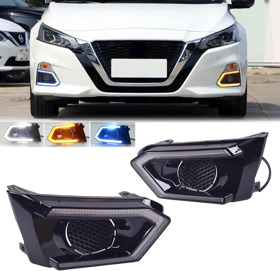 Switchback White/Amber/Blue LED Front Bumper Fog Lights Daytime Running Lights (DRL) Flash Turn Signal Lights Compatible with Nissan Altima 2019-2022 S SR SV SL Platinum, Black