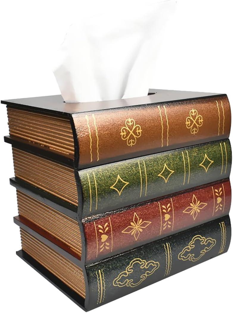 Hand-Made Retro Wooden Antique Book Tissue Box Cover Square Tissue Holder Dispenser Paper Cover Case Napkin Holder Home Decor for Bathroom Living Room Office car Kitchen (Coffce)