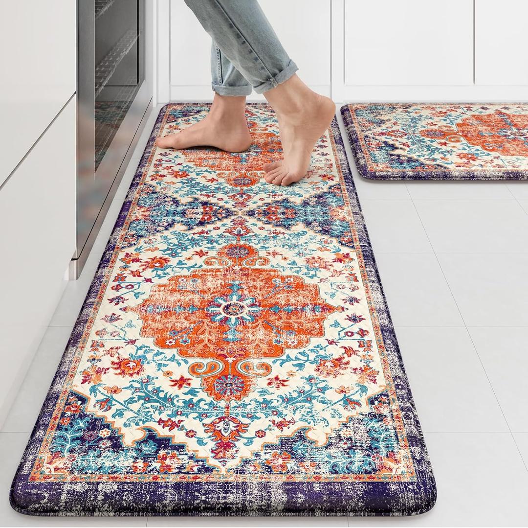 KIMODE Anti Fatigue Kitchen Mat, Boho Vintage Kitchen Rugs Sets of 2, Cushioned Non-Slip Kitchen Mats for Floor, Comfort Kitchen Floor Mats for Sink, Laundry, Desk Orange/Purple,17"x47"+17"x29" (Orange/Blue/Multi)