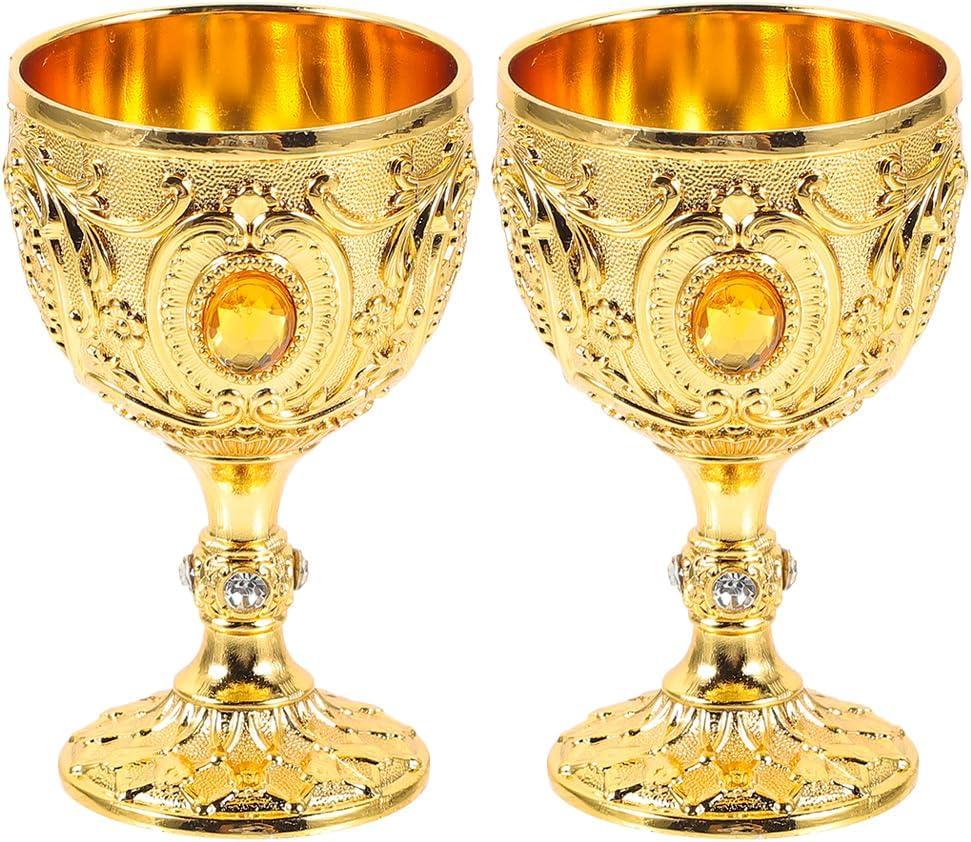 Amosfun 2Pcs Golden Wine Cups - 30ml Royal Chalices Wine Glass Embossed Design Medieval European Style Metal Cups