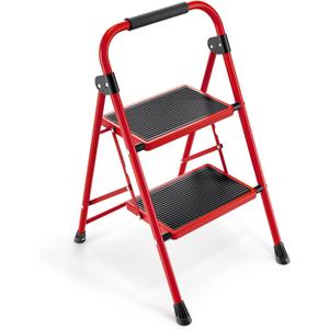 KINGRACK 2 Step Ladder, 2 Step Folding,Kitchen Ladder with Anti-Slip and Wide Pedal,Small Step Ladder with Handrails,Lightweight Portable Step Ladder for Kitchen Household,Red