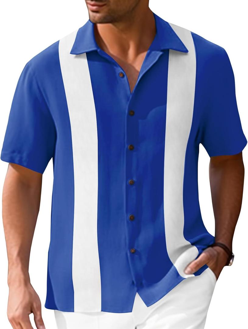 Mens Vintage Bowling Shirts Short Sleeve Button Down Guayabera Beach Shirts for Men (X-Large, Royal Blue)