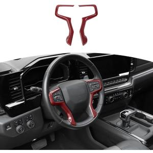 RT-TCZ for Silverado Steering Wheel Panel Trim for Chevy Suburban 2020 Up Tahoe 2021 Up Silverado 2019 Up Red Carbon Fiber Interior Accessories 2pcs