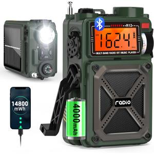 Greadio Portable Shortwave Radios with NOAA Weather Radio, 14800mWh Digital Radio AM FM with Bluetooth 5.4, Crank/Solar/USB Charging, Support USB/TF, Charger Pack/SOS/Flashlight for Outdoor, Emergency