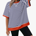 Dokotoo Oversized T Shirts for Women Crewneck Short Sleeve Casual Summer Tops Lightweight Loose High Low Blouse, White Stripes Color, M Size