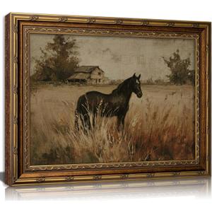 Vintage Gold Framed Horse Canvas Wall Art, Retro Rustic Farmhouse Animal Painting Picture Wall Decor, French Country Pastoral Landscape Equestrian Poster Print Artwork, for Home Living Bedroom,, 24"L x 16"W