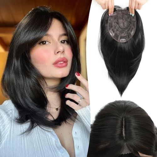 Megito Hair Topper 12inch Clip in Synthetic Hair Toppers for Women with Thinning Hair Lightweight and Breathable 6.5"X6.5" Big Base Toppers Hair Pieces for Women Daily Use Black