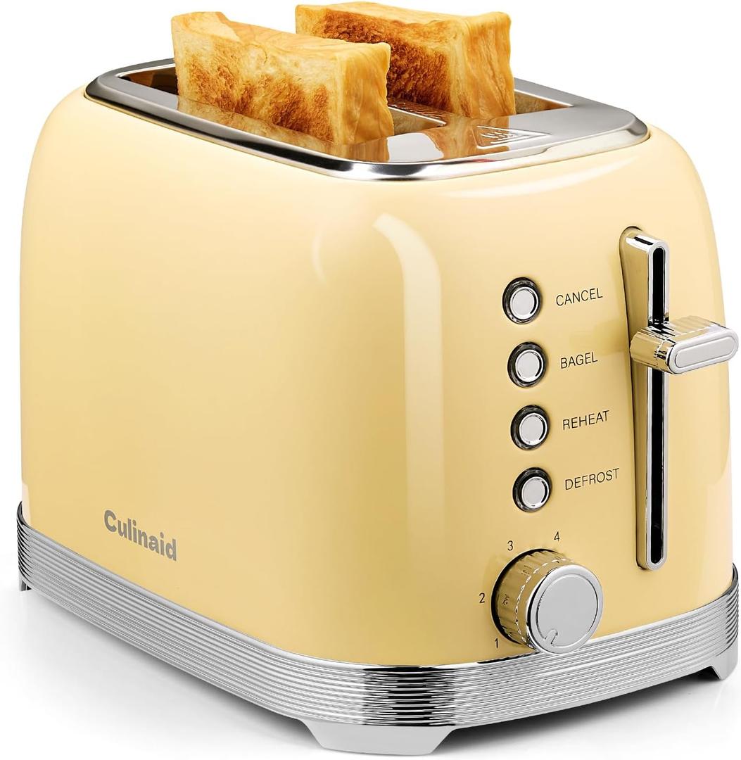 Culinaid Toaster 2 Slice Retro Stainless Steel with 1.5” Extra Wide Slots Bagel, Defrost, Reheat, Cancel Functions, 6 Bread Shade Settings, Removable Crumb Tray, Yellow