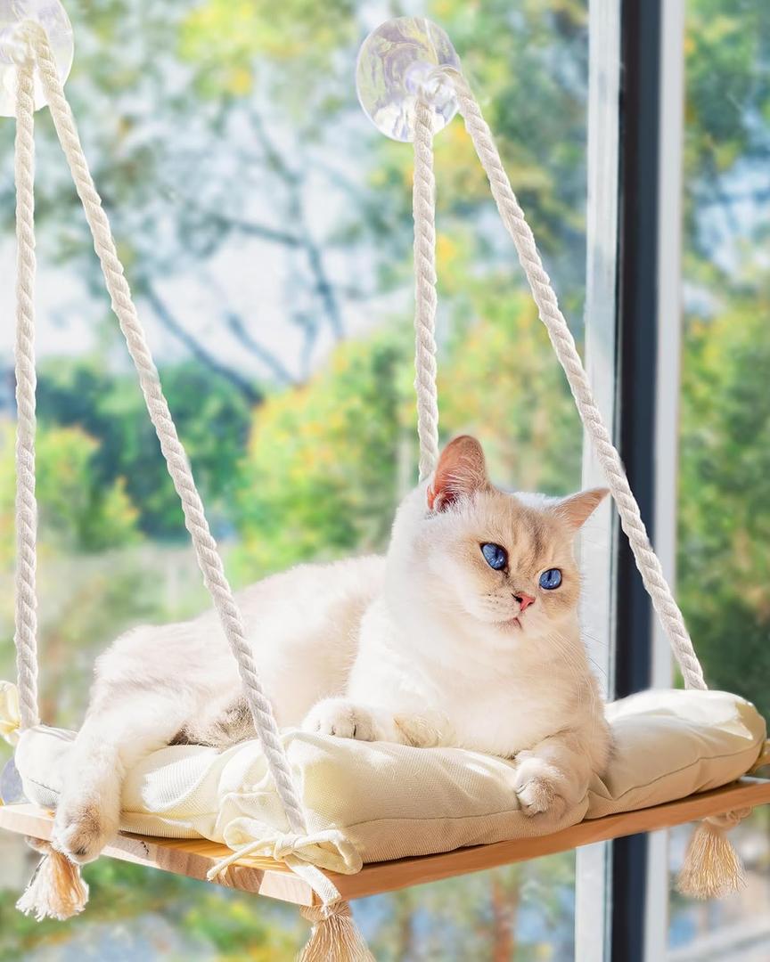 Cat Window Perch with Industrial-Grade Suction Cups - Solid Pine Wood Hammock Bed, Soft Cushion - 42 lb Capacity for Cats Inside (Medium, Beige)