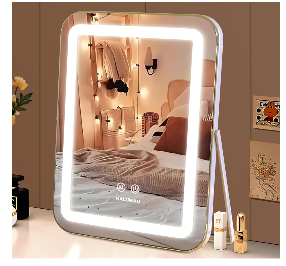 halumao Vanity Mirror with Lights, 14.5" Light Up Makeup Mirror, LED Makeup Mirror with Lights for Bedroom Tabletop, Smart Touch Control 3 Colors Dimmable, 360° Rotation