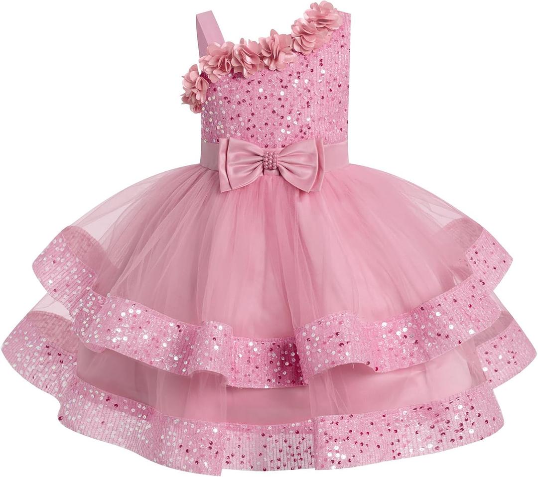 IMEKIS Toddler Kids Girls Pageant Sequin Flower Dress, Shiny Asymmetric Shoulder Formal Party Tiered Tulle Gowns (Pink, M)
