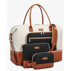 CLOKARS Weekender Bags for Women, Travel Duffle Bag Carry On Overnight Bag with Cosmetics Bag and Crossbody Purse for Gym Hospital, Gifts for Women, Beigeblack Brown