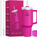 40 Oz Insulated Tumbler with Handle and Straw, Stainless Steel Coffee Travel Mug with Lid, Leak Proof Water Bottle with Accessories, Fuchsia
