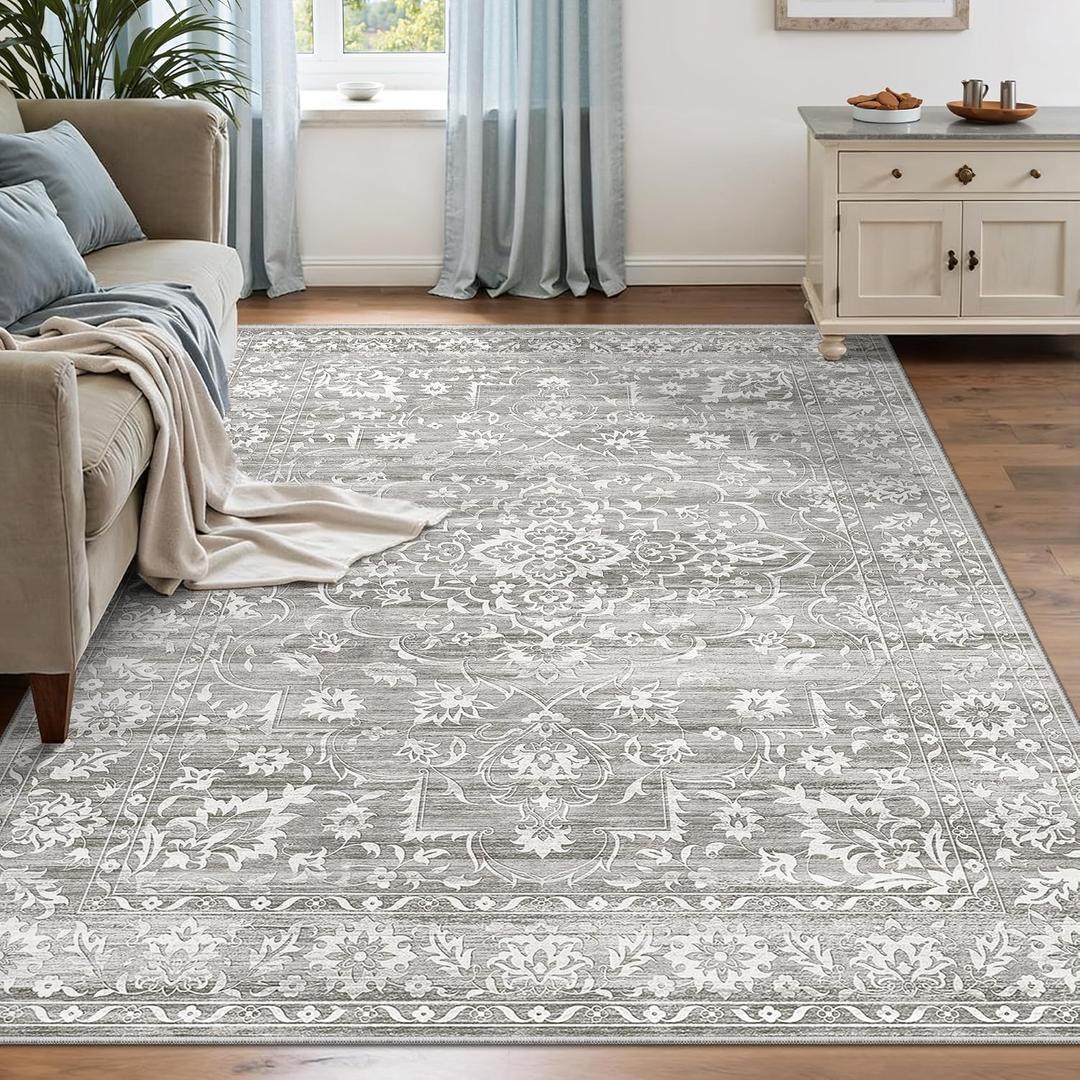 Area Rugs 5x7 for Living Room, Floral Washable Rugs for Dining Room, Bedroom, Vintage Non-Slip Gray Thin Area Rug(Grey, 5'x7')