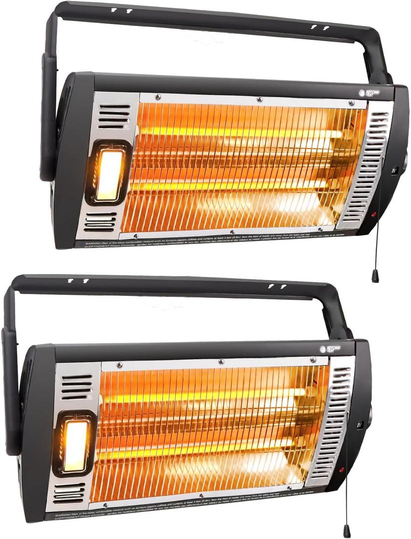Electric Garage Heater 120V 2 Packs, 750/1500W Ceiling Mount Space Heater for Garage, Shop, Patio with 90 Adjustable Tilt, Dual Quartz Radiant, Safety Metal Grille and Overheat Protection