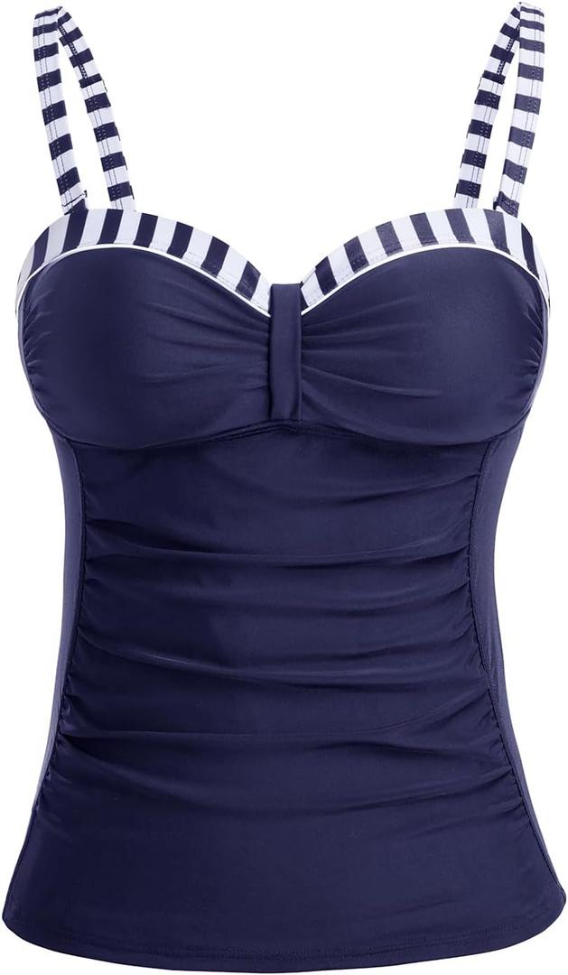 Talisea Women's Underwire Tankini Top Only Tummy Control Swimsuit Top Push Up Bathing Suit Top No Bottom Navy Blue White Stripes XXL