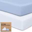 2 Pack and Play Sheets, Waterproof Mini Crib Sheets Fitted - 38x26 Organic Cotton Pack N Play Sheets for Graco Pack and Play Mattress, Playard Baby Crib Sheets,Neutral for Boy,Girl,Toddler(Blue Flax)