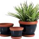 Yishang Glazed Terracotta Pots with Saucers, Set of 3, 5", 6", and 7" Sizes, Ceramic Clay Planter Pots with Drainage Holes - Black