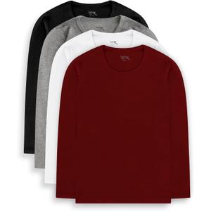 Brix Boys' Long Sleeve Tees - Tagless Crewneck Cotton Soft 4-pk Shirts. 2-20 (11-13 Years, Black, White, Grey, Marron) 11-13 Years Old