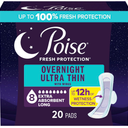 Poise Overnight Ultra Thin Incontinence & Postpartum Pads with Wings for Bladder Leaks, 8 Drop Extra Absorbent, Long Length, 20 Count