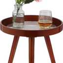 Small Round End Table, Side Tables for Patio, Mid Century Modern Rustic Accent Table with Solid Wood Legs, Reddish Brown Finish, Perfect for Bedroom, Living Room, Indoor Or Outdoor