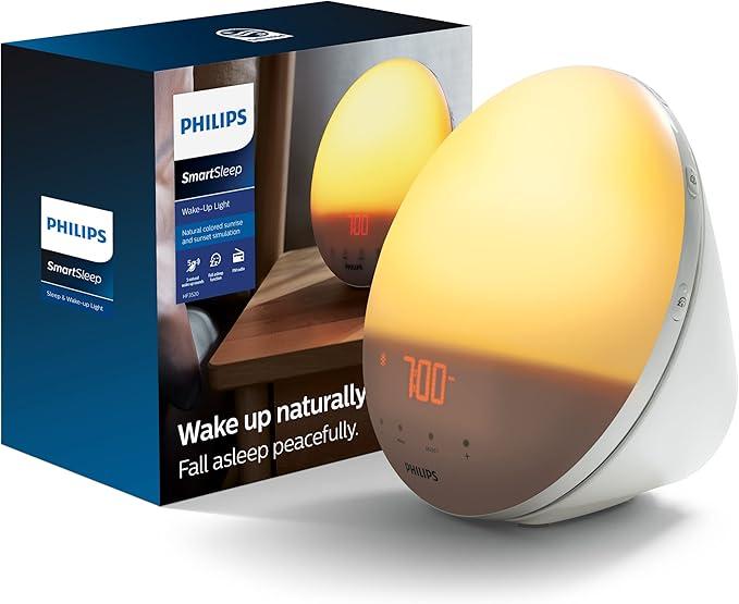Philips SmartSleep Wakeup Light, Colored Sunrise and Sunset Simulation, 5 Natural Sounds, FM Radio & Reading Lamp, Tap Snooze, HF3520/60