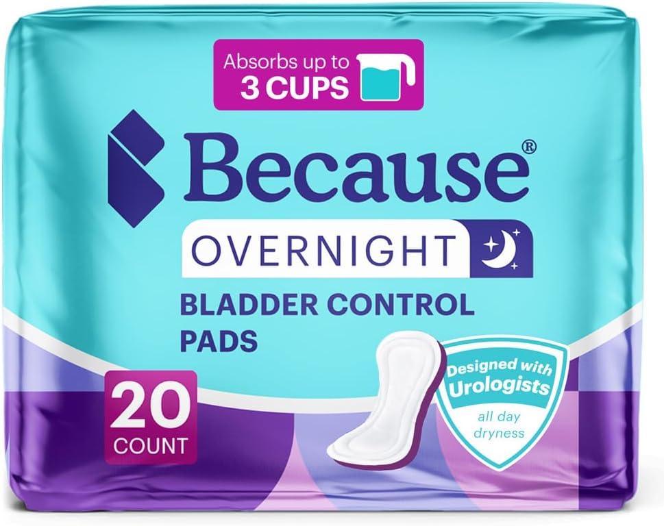 Because Overnight Incontinence Pads for Women Moderate-to-Heavy Absorbency for Nighttime Use, Long-Length Protection, 20 Count, New Version