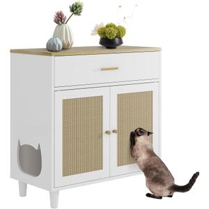 Hidden Cat Litter Box Furniture with Storage Drawer, Wood Cats Litter Enclosure Cabinet with 2 Sisal Doors, Hidden Enclosed Kitty Litter Box Cabinet Dog Proof for Living Room White