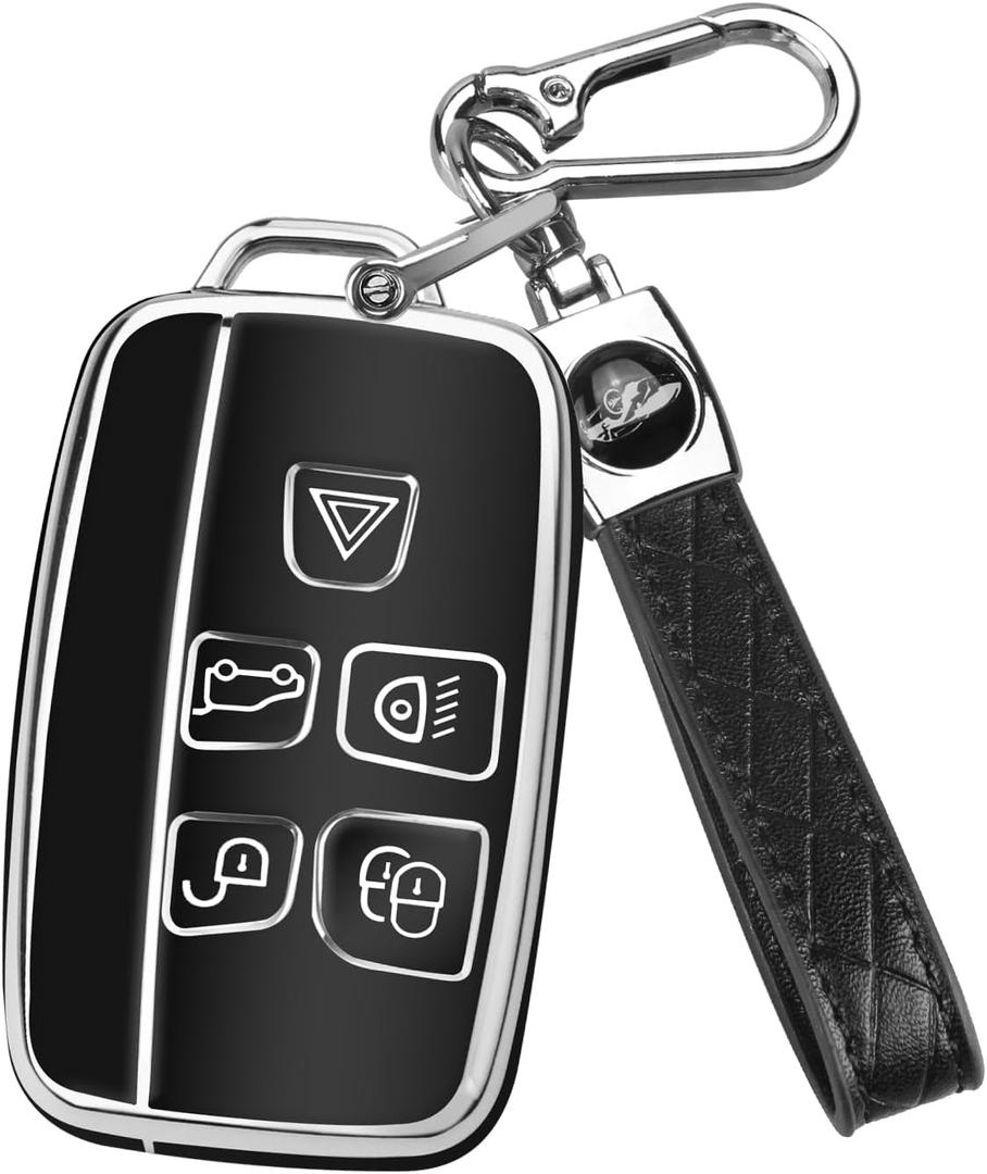 FT FUNTOR for Range Rover Key Fob Cover,Compatible with Land Rover LR4 Range Rover Sport Evoque Jaguar XJ XE XJL XEL XFL F-pace,5 Buttons TPU for Jaguar Key Fob Cover with Silver Edge (A-Black)