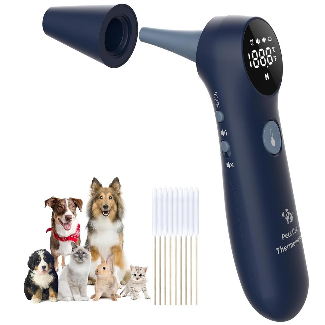 Pet Ear Thermometer for Dogs, Cats, and Livestock, Long Probe Designed, /  Convert and Sound Switch Dedicated Button, 1 Second Measurement, 20 pcs Pet Swabs Included