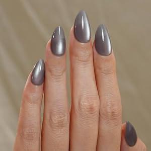 Frinail Gray Cat Eye Press on Nails Short, Soft Gel Fake Nails, Reusable & Stylish Acrylic False Nails, Stick on Nails for Women Girls Gift, Glue on Nails Kit 30 Pcs