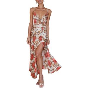 Fashionme Women Spaghetti Strap Midi Satin Dresses Tie Front Backless Slit Cutout Dress Semi-Formal/Casual Flowy Lightweight,  X-Large