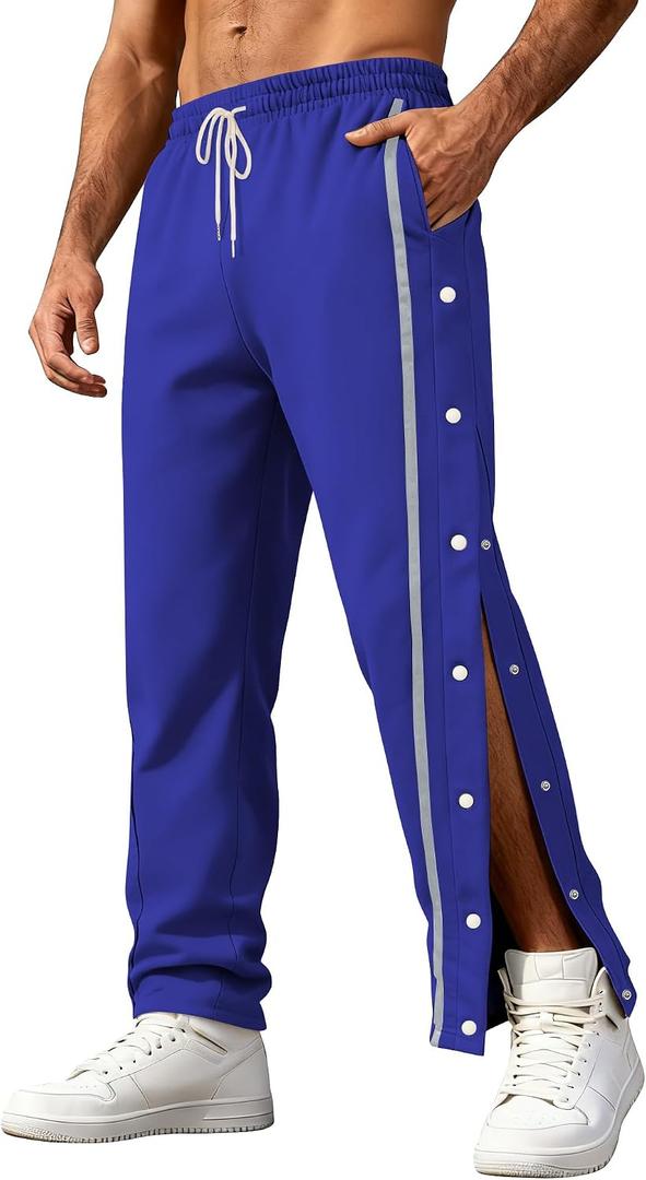 Men's Youth Tear Away Sweatpants Loose Fit Snap Button Athletic Jogger Basketball Pants with Pockets (Blue, XL)