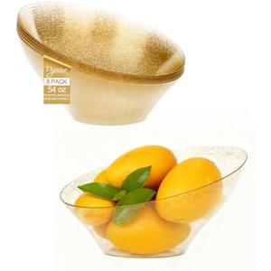 BESTSTAR Clear and Gold Gliter Plastic Serving Bowls 16 Pack 54oz – Angled Disposable Party Bowls for Chips, Salad, Fruit & Candy – Heavy Duty Clear Serving Bowls for Parties, Buffet, Christmas
